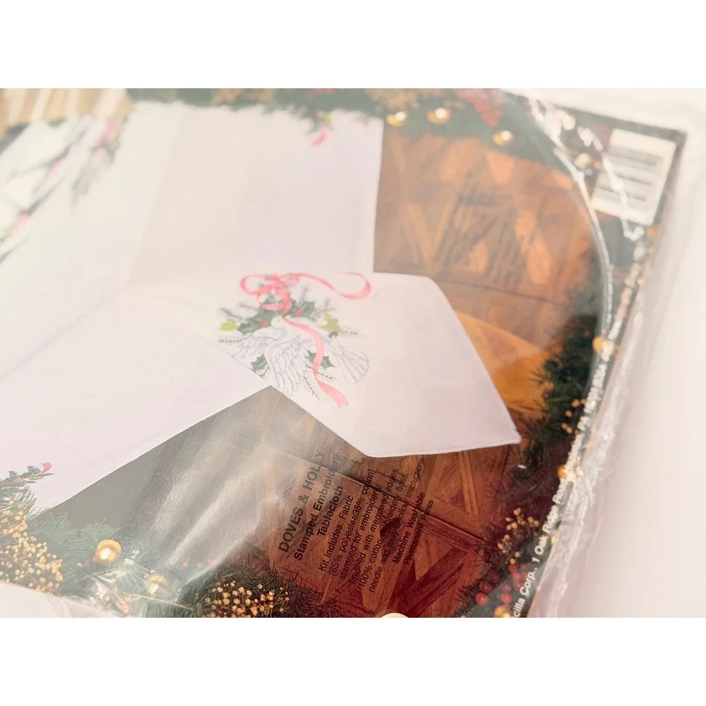 Bucilla Doves & Holly Stamped Embroidery Tablecloth Kit 60x90 Vintage 83059